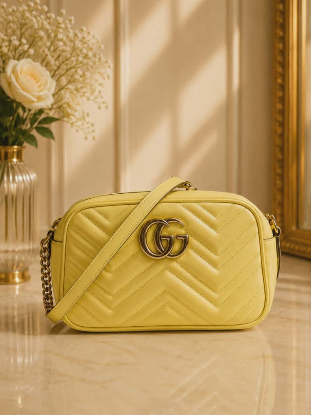 Authentic Gucci GG Marmont Matelassé Yellow Leather Camera Crossbody Bag Small